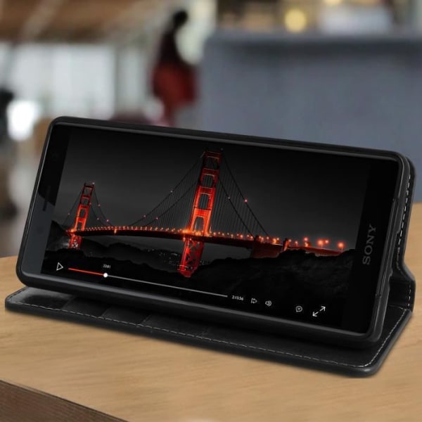 Etui - AVIZAR - Sony Xperia XZ2 Compact - Ægte læder - Sort - Videostativ svart