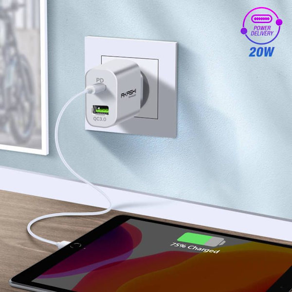 Lader til stikkontakt 15W Dobbelt USB-A QC 3.0 + USB-C PD Hurtigopladning Akashi hvid Vit