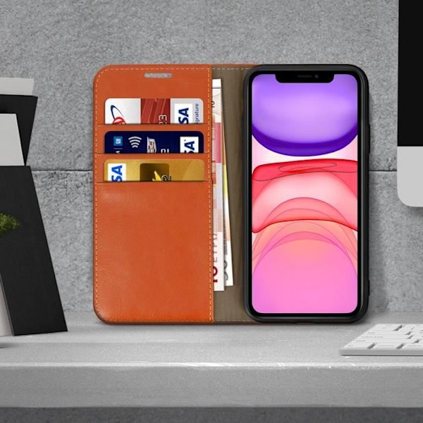 Étui Folio - AVIZAR - iPhone 11 - Ægte Læder - Kortholder - Video Stå - Brun Kamel