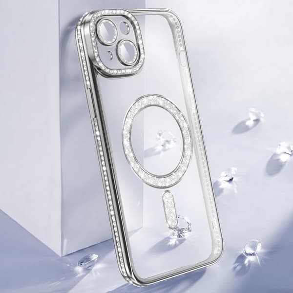 iPhone 15 Plus Cover Kompatibel med MagSafe med Sølv Rhinestone Kant Grå