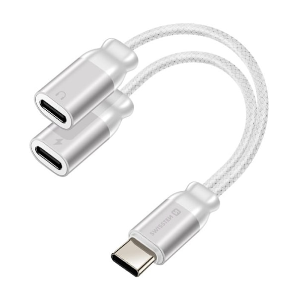 Splitter audio och USB-C-laddare 2-i-1 nylonflätad anti-knut Swissten vit