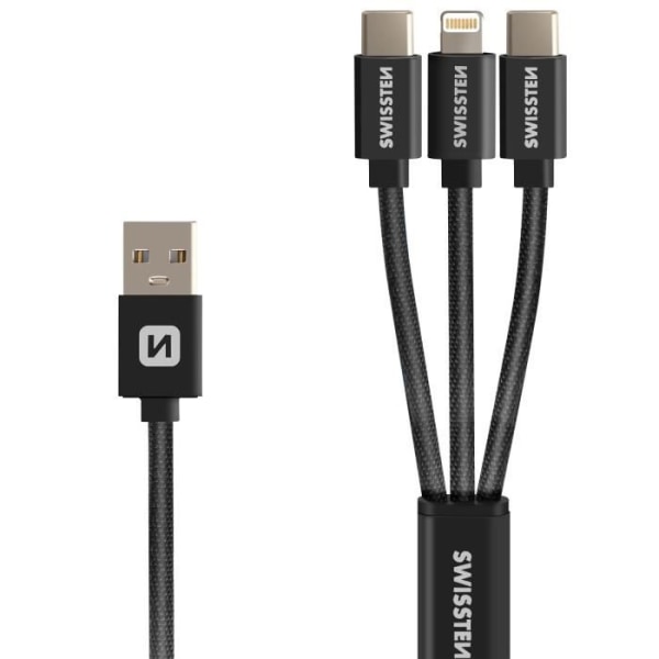 Swissten 3 i 1 USB til iPhone Lightning og USB-C dataoverførselskabel sort Svart