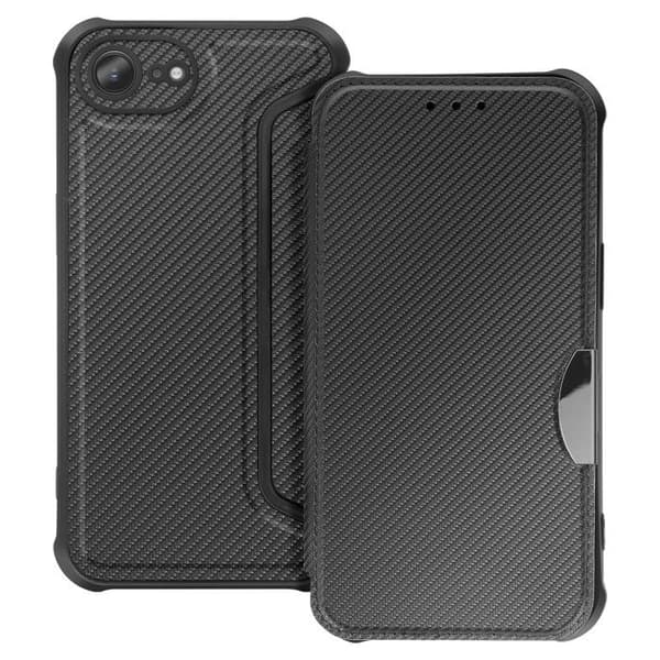 Folio-kotelo - AVIZAR - iPhone 16e - Hiilikuitupinta - Korttipidike - Musta Svart