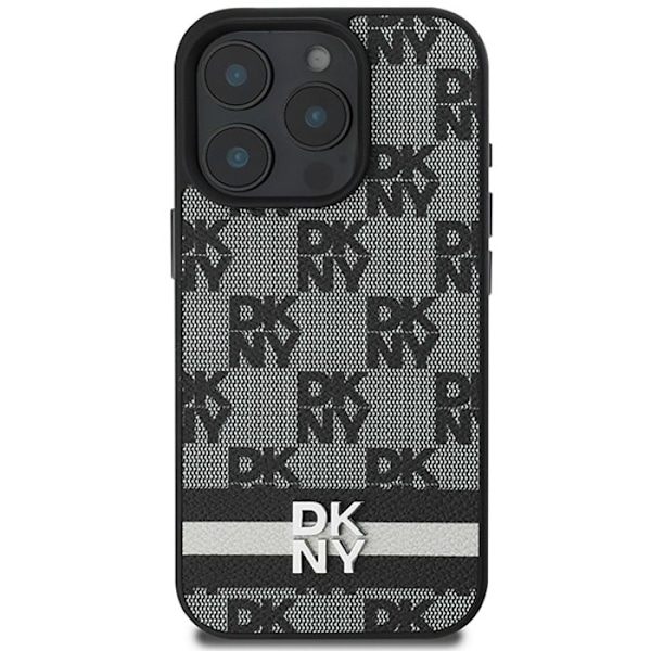 Coque til iPhone 16 Pro Max - Hård læder etui fra DKNY med tern og trykte striber (DKHCP16XPCPTSSK) - Sort svart