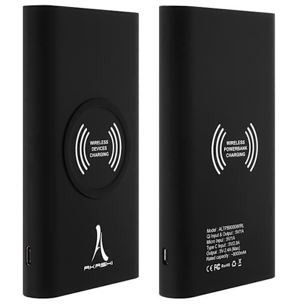 AKASHI Powerbank Akashi - älypuhelimelle, matkapuhelimen lisälaitteelle, USB-laitteelle, iPhonelle - 8000 mAh - 5 V DC-tulo
