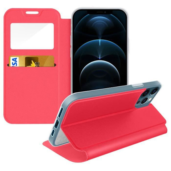 iPhone 12 Pro Max Fodral - AVIZAR - Rött ekologiskt läder - Displayfönster - Videostöd - Korthållare Röd