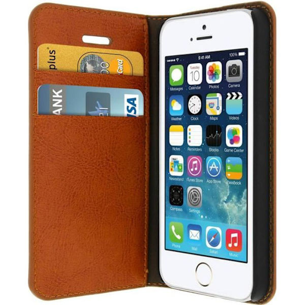 iPhone 5/5S/SE Etui - Brun - Ægte læder - Hårdt covers - Støttefunktion - Kortlommer kastanj