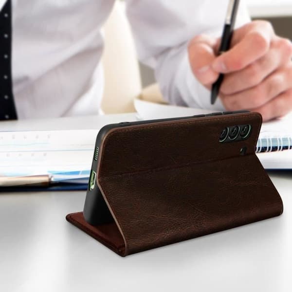 Galaxy S21 FE Folio Case Ægte læder kortholder Video Support - brun brun