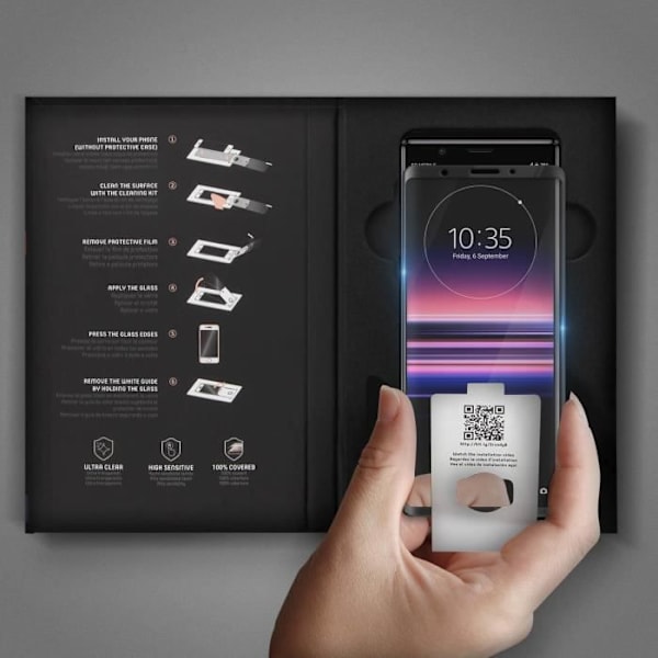 Beskyttelsesfilm - MUVIT - Xperia 5 - Buet hærdet glas - Applikator inkluderet - Sort Transparent, svart