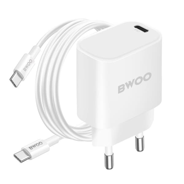 USB C Vägghybrider - BWOO - 20W - Power Delivery - 1m Kabel - Vit Vit