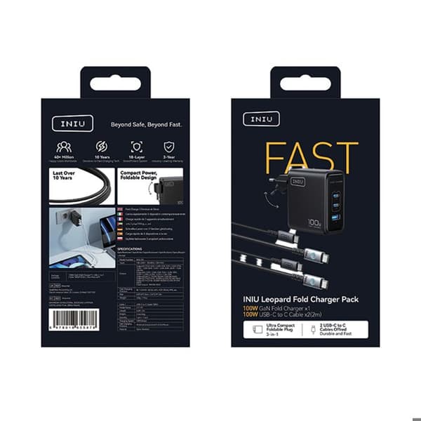 Nätadapter - INIU - 100W - 2 USB-C + 1 USB-A - Kompakt vikbar GaN - USB-C-kabel ingår Svart