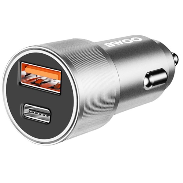 Laddare för cigarettuttag 38W USB-C + USB Snabbladdning med LED Kompakt Bwoo Silver