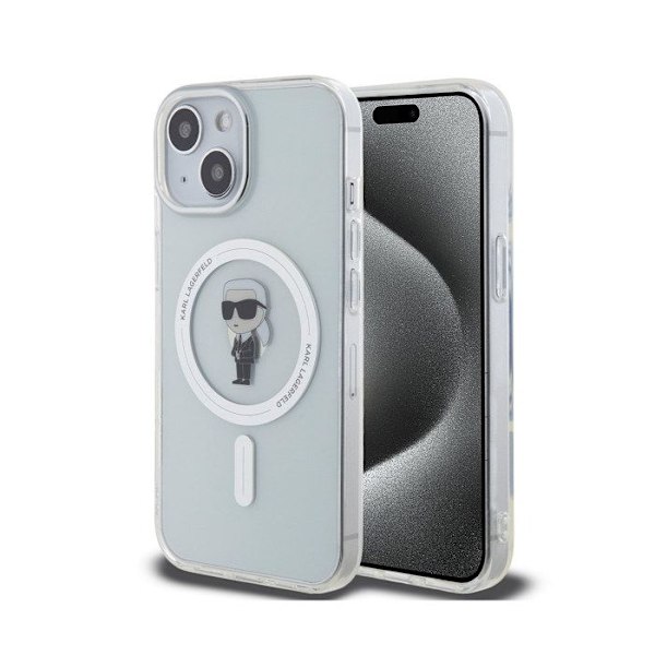 Coque för iPhone 15 Modell IML Ikonik Kompatibel med MagSafe Karl Lagerfeld Transparent Vit