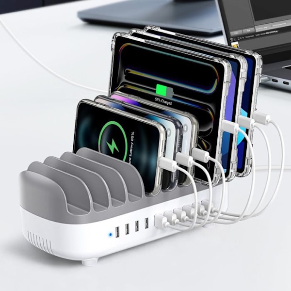 120W Latausasema 10 USB-porttia Hiljainen Tuuletin EU-johto Valkoinen