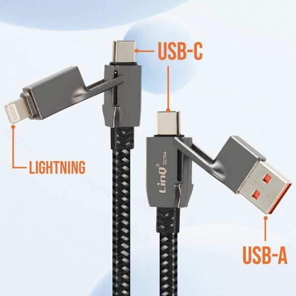 Multikabel - LinQ - 100W - USB-C og Lightning - Flettet design - Antiknuder Svart