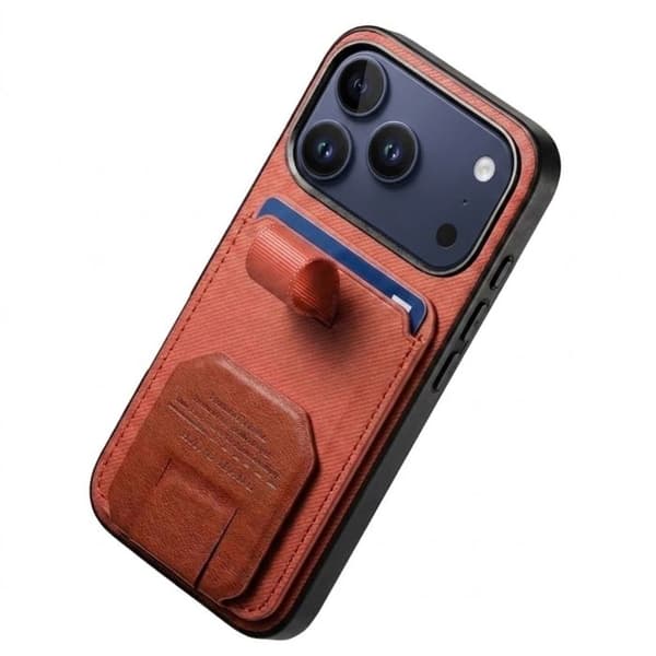 iPhone 17 Pro Fodral med Tyg Effekt och Stöd samt Kortfack Orange Apelsin