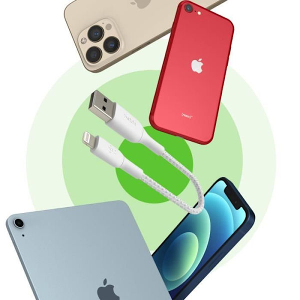 USB-Lightning-kaapeli MFi 18W Nylon punottu 15cm Lataussynkro Belkin valkoinen