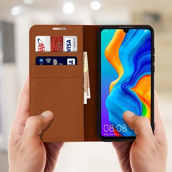 Étui Huawei P30 Lite - AVIZAR - Hållare Folio Läder - Videostöd - Brun - Semi-rigid Camel Brown