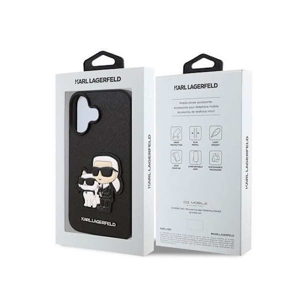 Coque til iPhone 16 Plus Design Saffiano Karl og Choupette Karl Lagerfeld Sort Svart