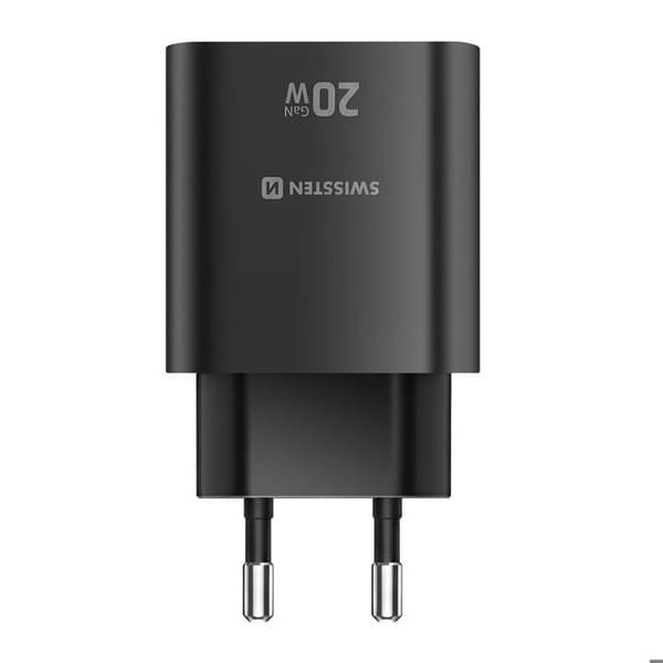 USB-C 20W Power Delivery og USB-A Quick Charge 3.0 18W Swissten Sort Svart