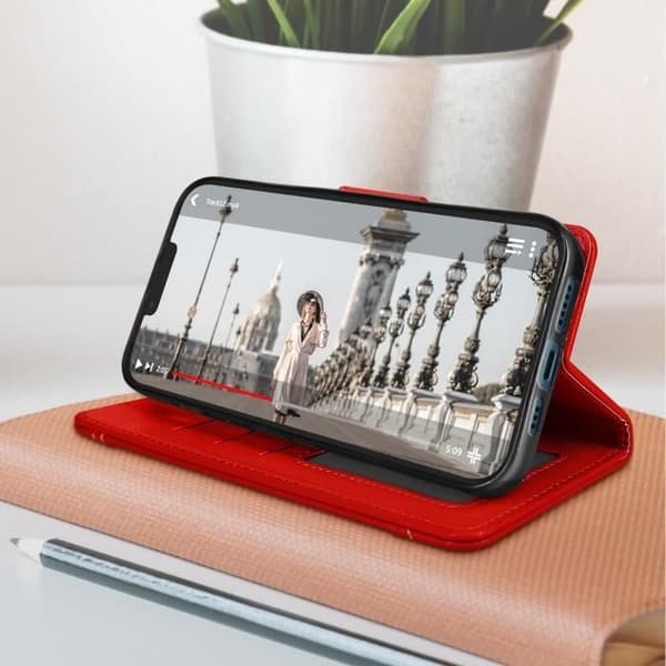 iPhone 13 Mini Multi-compartment Wallet Case Video Support Rød Röd