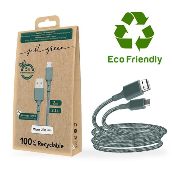 Ekologisk kabel Mikro-USB Intensitet 2,1A 2m Återvinningsbar Bara grön grön