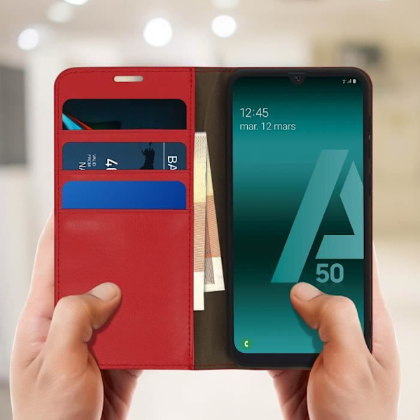 Etui til Samsung Galaxy A50 - Folio Cover - Ægte læder - Rød - Video støtte - Kortholder compartementer Röd