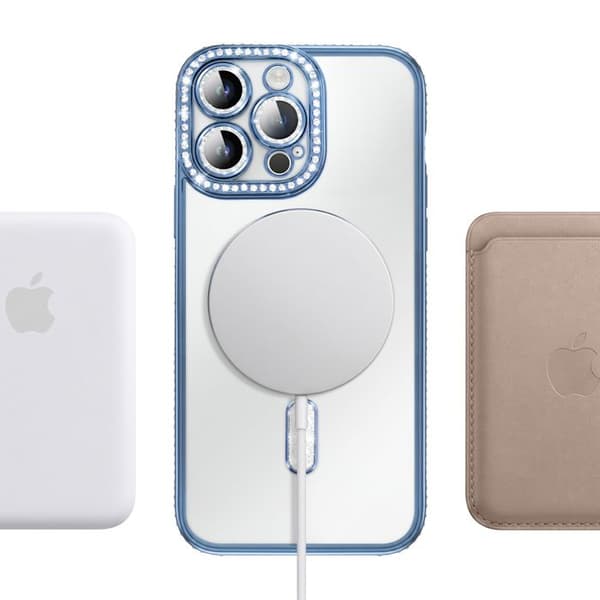 iPhone 14 Pro Max MagSafe-yhteensopiva kuori sinisellä strassireunalla Blå