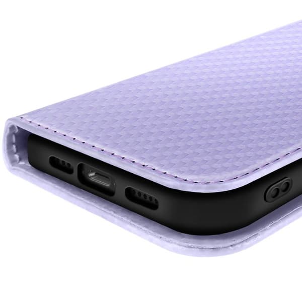 Fodral med lock för iPhone 17e Kolfiberlook med kortfack och stöd Lavendel Violett