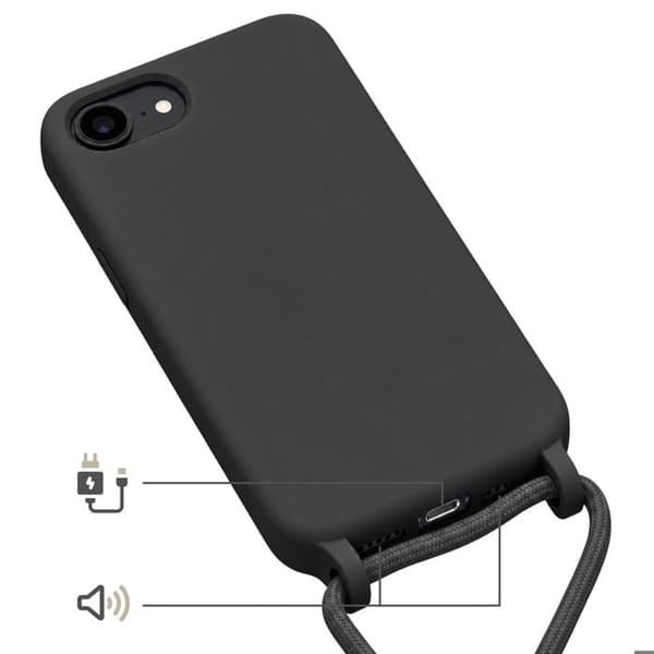 Silicone Cover til iPhone 16e med Justerbart Flettet Nylon Snor Sort Svart