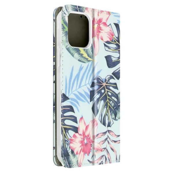 Tropical Flower Pattern iPhone 12 Mini Card Holder Stand Fodral – Blå Blå