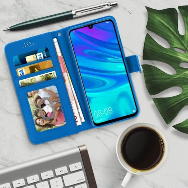 Housse - AVIZAR - Huawei P Smart 2019 / Honor 10 Lite - Øko-læder - Video Støtte - Kreditkortlomme Blå Blå