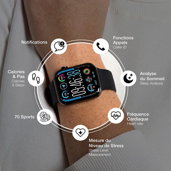 Smartwatch Fyrkantig Skärm Notiser Samtal Hälsospårning BigBen Connected Svart Svart