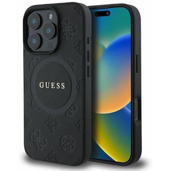 Guess Læder Saffiano Peony Classic Logo Hardcase med MagSafe til iphone 16 Pro 6,3" Sort - GUHMP16LPSAPSMEK Svart