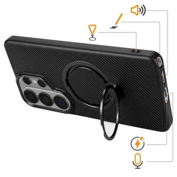 Cover til Galaxy S26 Ultra Carbon Effekt med Sort Rotérbart Magnetisk Ring Svart
