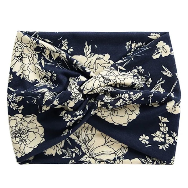 Bandeau Kryds til Hår i Blødt Blomster- og Bladtryk i Marineblå Blå