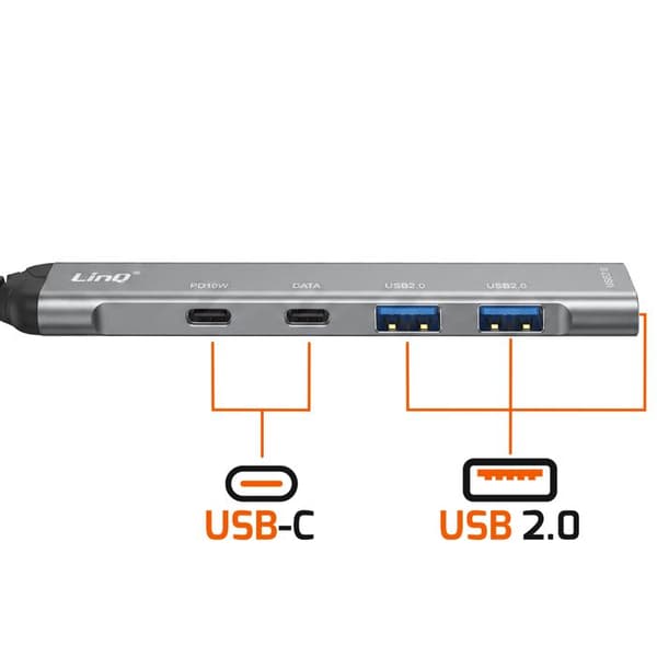 USB-C / USB-A 5-i-1 hub til 2 USB-C PD 10W og 3 USB-A 480Mbps LinQ Grå