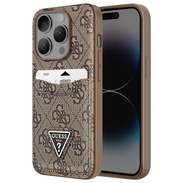 Coque för iPhone 14 Pro med kreditkortshållare, upphöjda kanter, Guess, brun kastanj