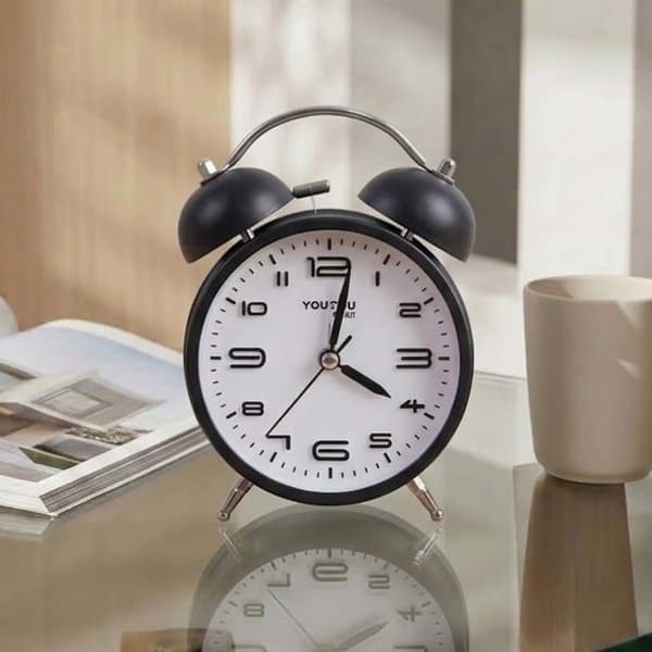 Bordsklocka 12cm för Sovrum Rund Format Dubbel Klocka Elegant Svart Svart