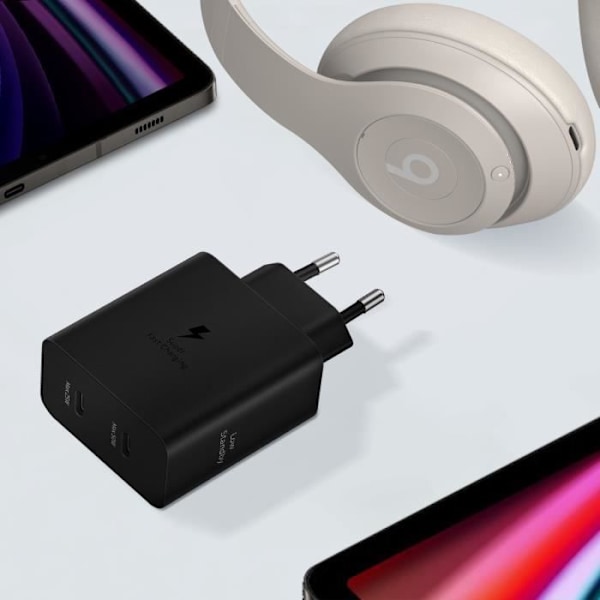 2x USB-C 50W superhurtig opladning 2.0-oplader + officielt Samsung USB-C-kabel sort Svart