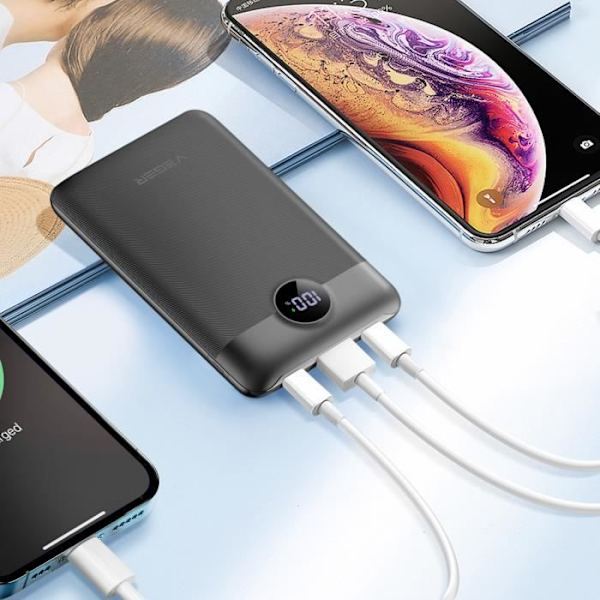 Extern laddare - VEGER - C11 - 10000mAh - USB 22,5W - USB C och Lightning-kablar 20W Svart