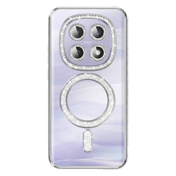 Cover til Redmi Note 15 Kompatibel med MagSafe med Sølv Rhinestones Grå