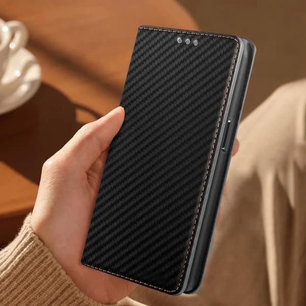 Etui til iPhone 15 Plus - AVIZAR - Carbon Effect - Pung - Video Support - Sort Svart