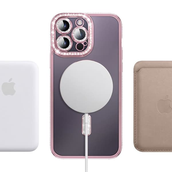 iPhone 14 Pro Max MagSafe-yhteensopiva kuori, jossa on vaaleanpunainen strassikehys Ros