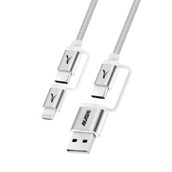 4-i-1 USB-C + Lightning Kabel Kompatibel med Apple CarPlay Android Auto Akashi Grå