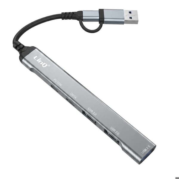 USB-C / USB-A 5-in-1 hub 2 USB-C PD 10W ja 3 USB-A 480Mbps LinQ Harmaa
