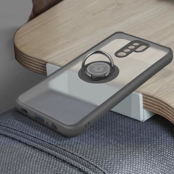 Xiaomi Redmi 9 Case Bi-materiale Metal Ring Sort Support Funktion Sort Svart