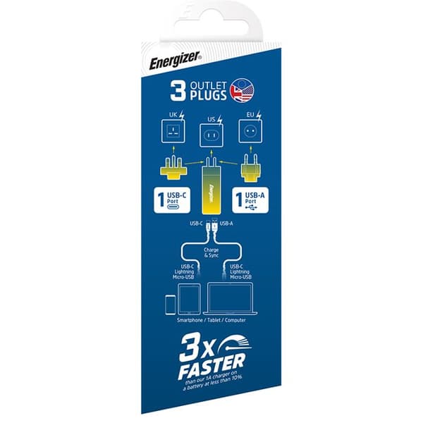 Energizer Oplader 65W USB-A + USB-C uden kabel – 3 adaptere EU/US/UK – Sølv/Grå Sølv/grå