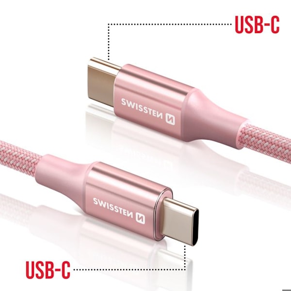 USB-C til USB-C Kabel, Flettet Design, Anti-knude, Swissten, Rosa Rosa