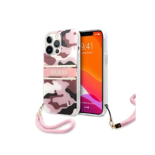 Suojakuori Apple iPhone 13 Pro Camolle nailonhihnalla Guess Pink Rosa